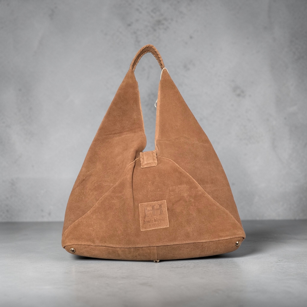 Haute Hippie Camel Brown Triangle Hobo Bag 100% Genuine Suede Leather - Picture 3 of 7